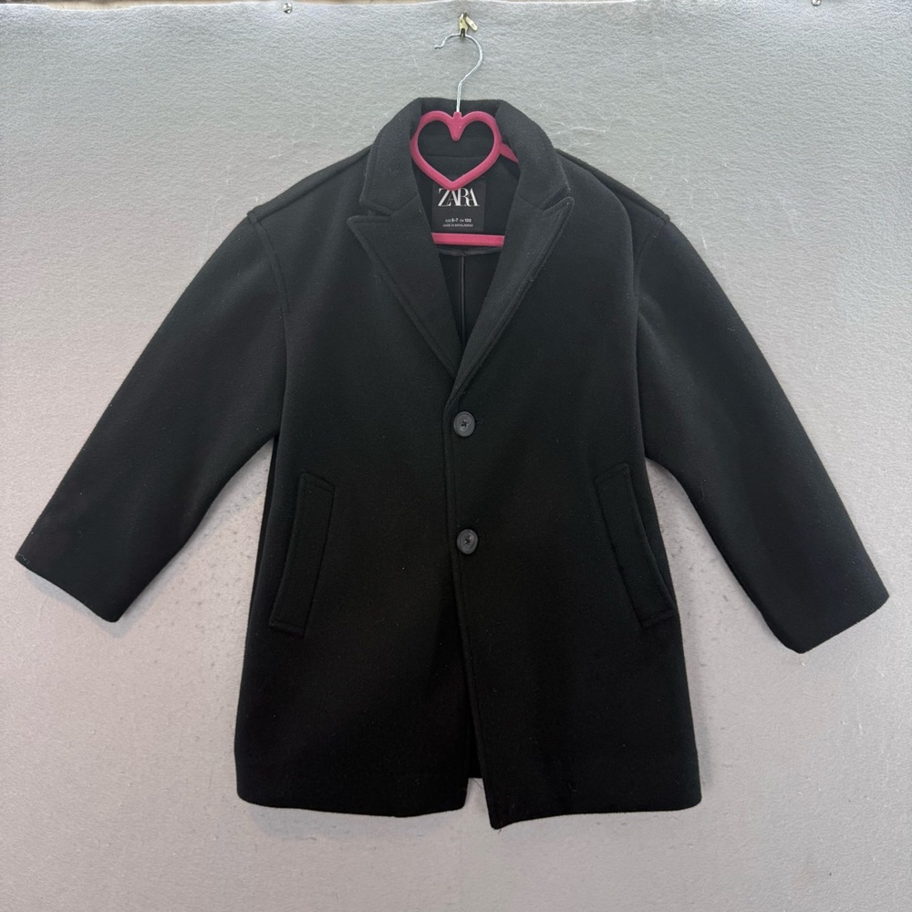 ZARA Little girls black lapel collar mid length Coat pea jacket 2 button SZ 6 -7 - Picture 2 of 6